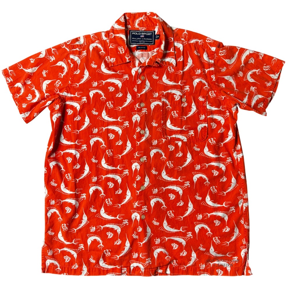 Polo Sport Ralph‎ Lauren Mens Marlin Print Short Sleeve Button Down Shirt M
